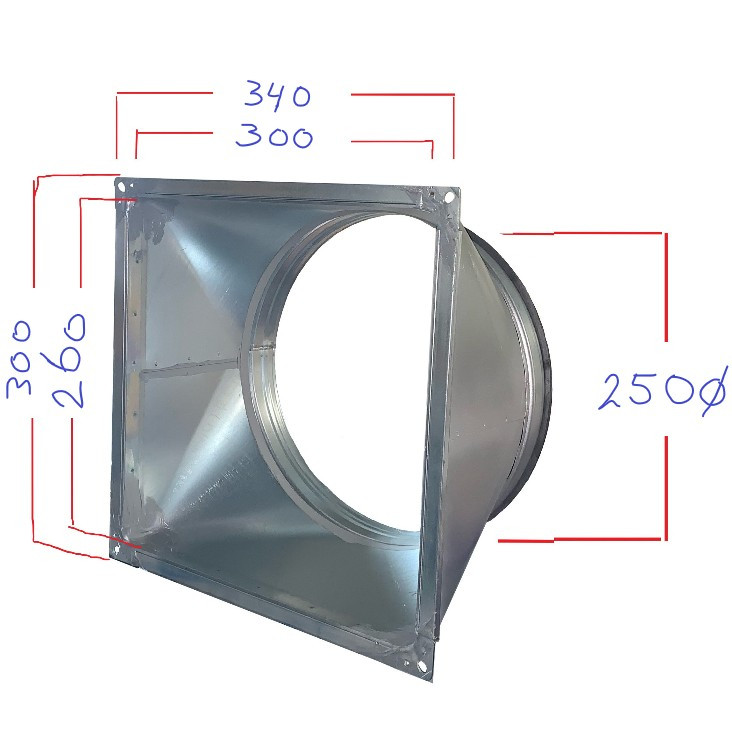 Rechthoekig verloop 260 x 300mm naar rond diameter 250mm