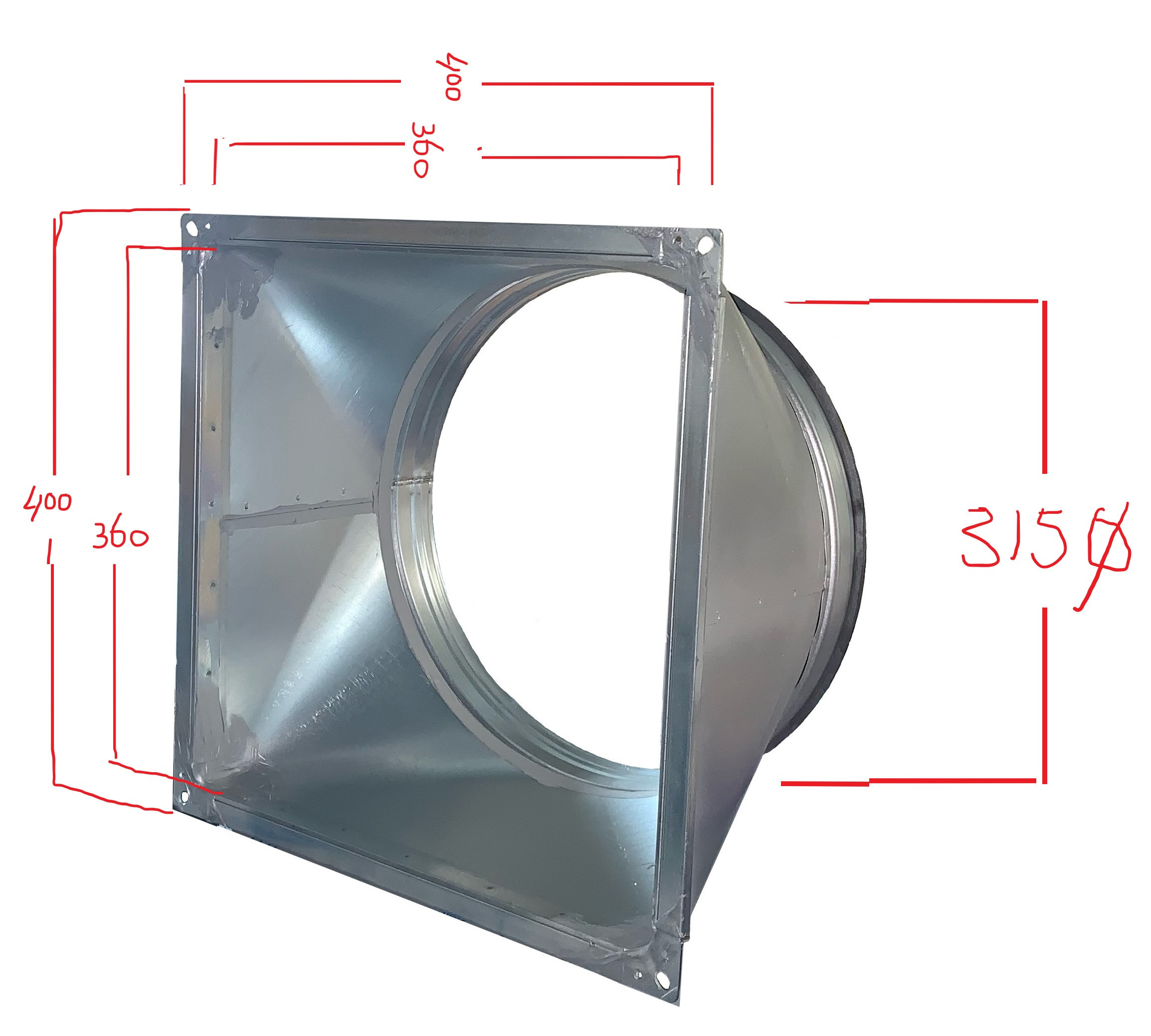 Verloopstuk rechthoekig symmetrisch 360 x 360mm (met montageflens) naar Ø 315mm