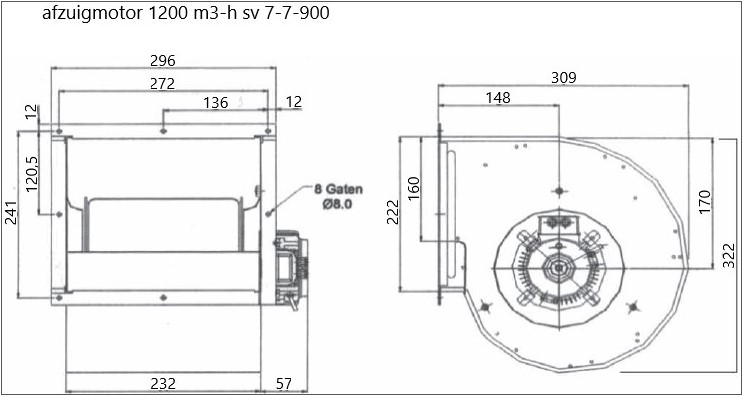 Afmetingen van de Afzuigmotor 1200 m3/h SV 7-7-900