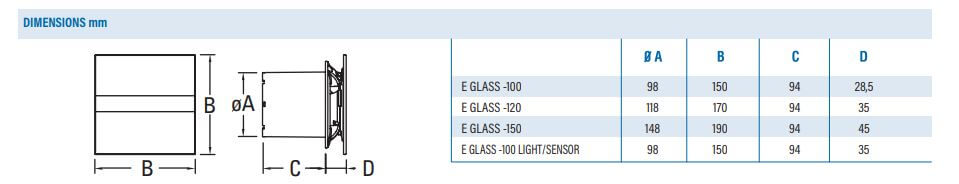 Afmetingen badkamerventilator glas design