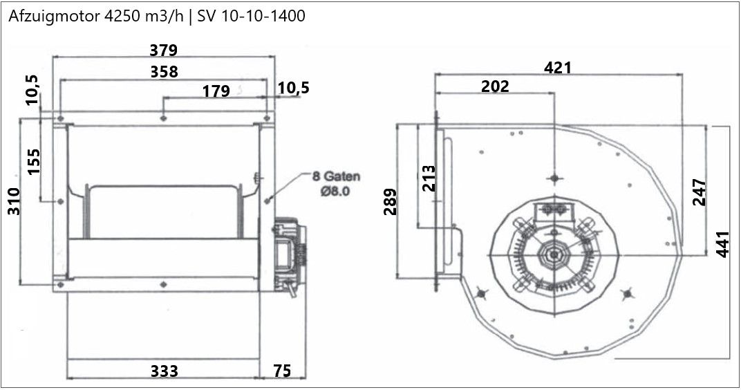 Afbeelding met afmetingen Afzuigmotor 4250 m3/h 10-10-1400