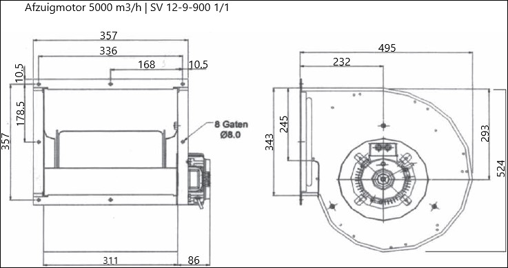 Tekening met afmetingen van de Afzuigmotor 5000 m3/h 12-9-900 1/1