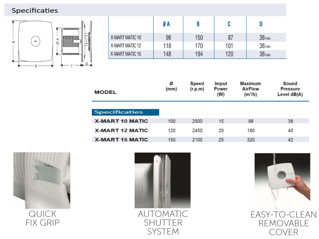 Cata Badkamerventilator X-Mart productspecificatie