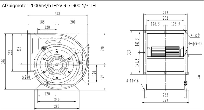 Tekening met afmetingen Afzuigmotor 2000 m3/h SV 9-7-900TH